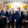 From left: U.S. Vice President JD Vance, Senator Tom Cotton, a Republican from Arkansas, Senator John Barrasso, a Republican from Wyoming, President Donald Trump, Senator Shelley Moore Capito, a Republican from West Virginia, and Senate Majority Leader John Thune, a Republican from South Dakota, speak to the media on Jan. 8, 2025.