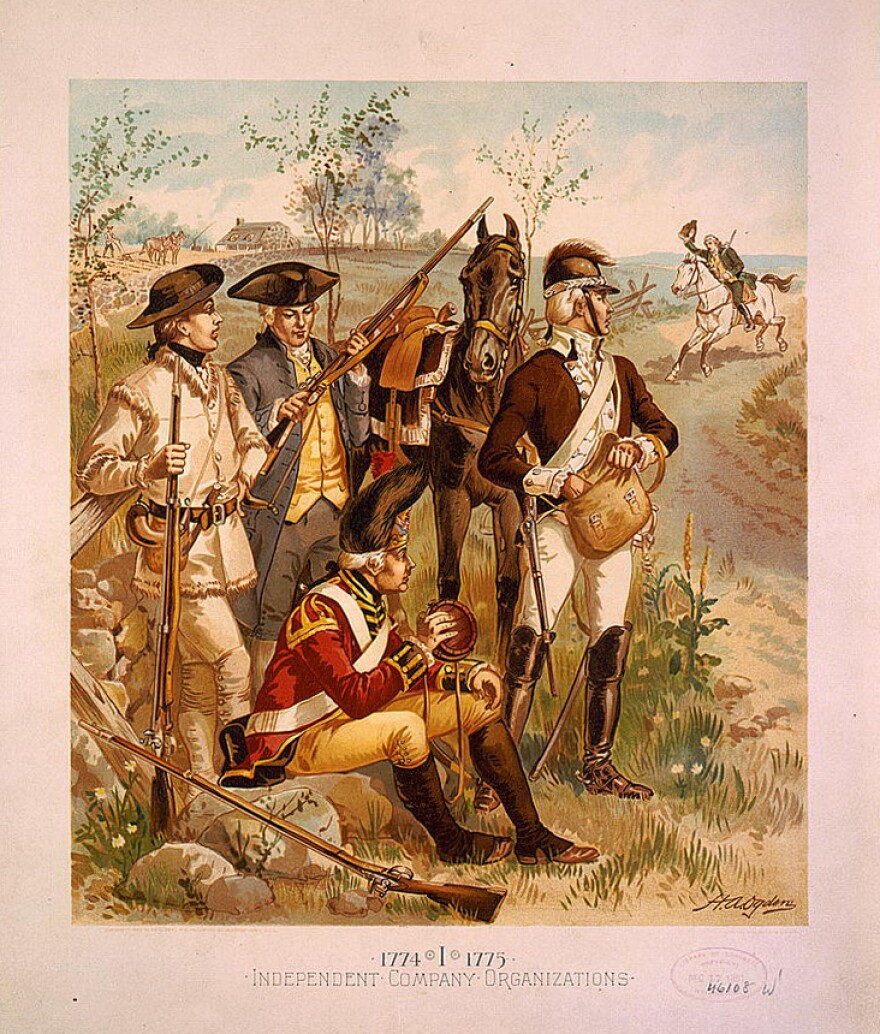 Four soldiers in informal pose, wearing uniforms of the period 1774-1775, in foreground.