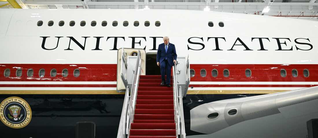 President Trump steps out of the new Air Force One, gifted to him by Qatar, in a hangar at Joint Base Andrews in Maryland in June. The New York Times reported earlier this month that security concerns had led the Secret Service to urge Trump to fly home from Turkey on an different jet instead. The swap deepens questions about whether the new plane, which the president had pressed to be ready as soon as possible, was retrofitted with sufficient security measures over the last year. Lawmakers and some officials have raised concerns about whether the expedited timeline allowed for the addition of an advanced missile defense system and other modifications used to protect the president.