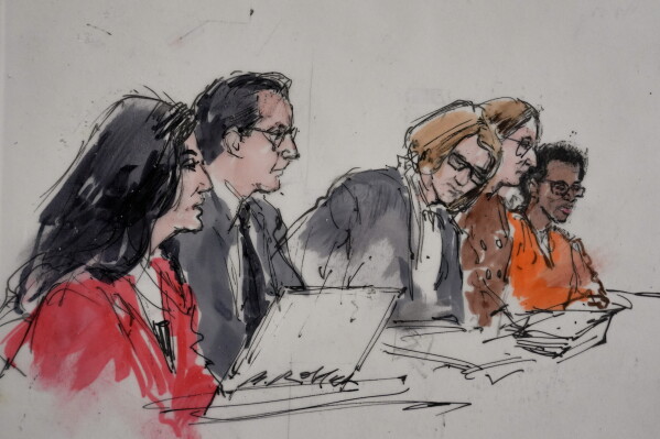 In this courtroom sketch, David Anthony Burke, also known as D4vd, far right, is seen in court Tuesday, July 21, 2026, in Los Angeles, during his trial for the killing of Celeste Rivas Hernandez. (Bill Robles via AP)