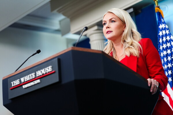 White House press secretary Karoline Leavitt speaks with reporters in the James Brady Press Briefing Room at the White House, Thursday, July 23, 2026, in Washington. (AP Photo/Julia Demaree Nikhinson)
