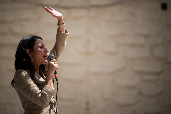 Democratic candidate for Texas governor Gina Hinojosa speaks at a rally, Saturday, July 18, 2026, in Lubbock, Texas. (AP Photo/Justin Rex)