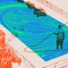 An illustration superimposing images of a protester, a detainee, a pool vacuum and the presidential motorcade in the vicinity of the reflecting pool.