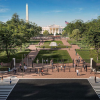 Aerial view of Lafayette Park with fencing around it. The White House and Washington Monument are visible further behind the park.