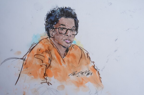 In this courtroom sketch, David Anthony Burke, who is known as D4vd, is seen in court Tuesday, July 21, 2026, in Los Angeles. (Bill Robles via AP)