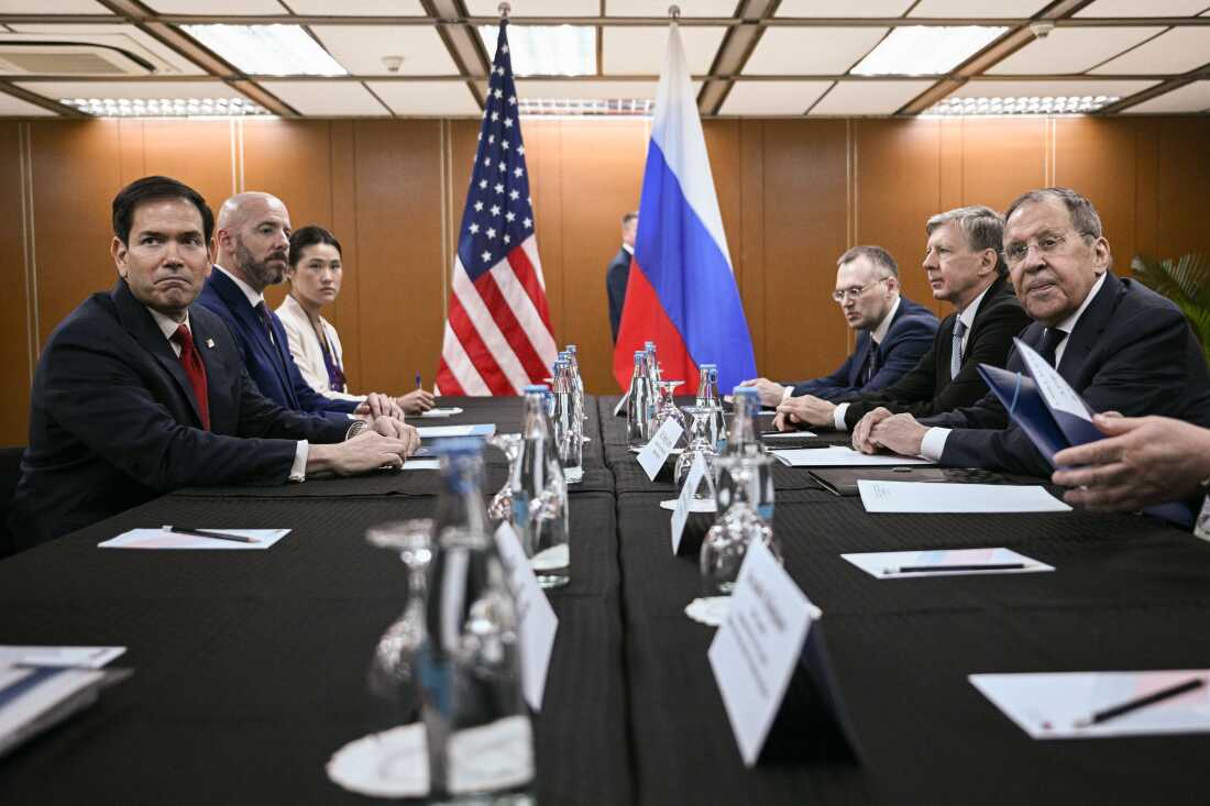 U.S. Secretary of State Marco Rubio, left, attends a meeting with Russia's Foreign Minister Sergey Lavrov, right, on the sidelines of the Association of Southeast Asian Nations (ASEAN) Foreign Ministers Meeting in Pasay, Metro Manila on Thursday, July 23, 2026.