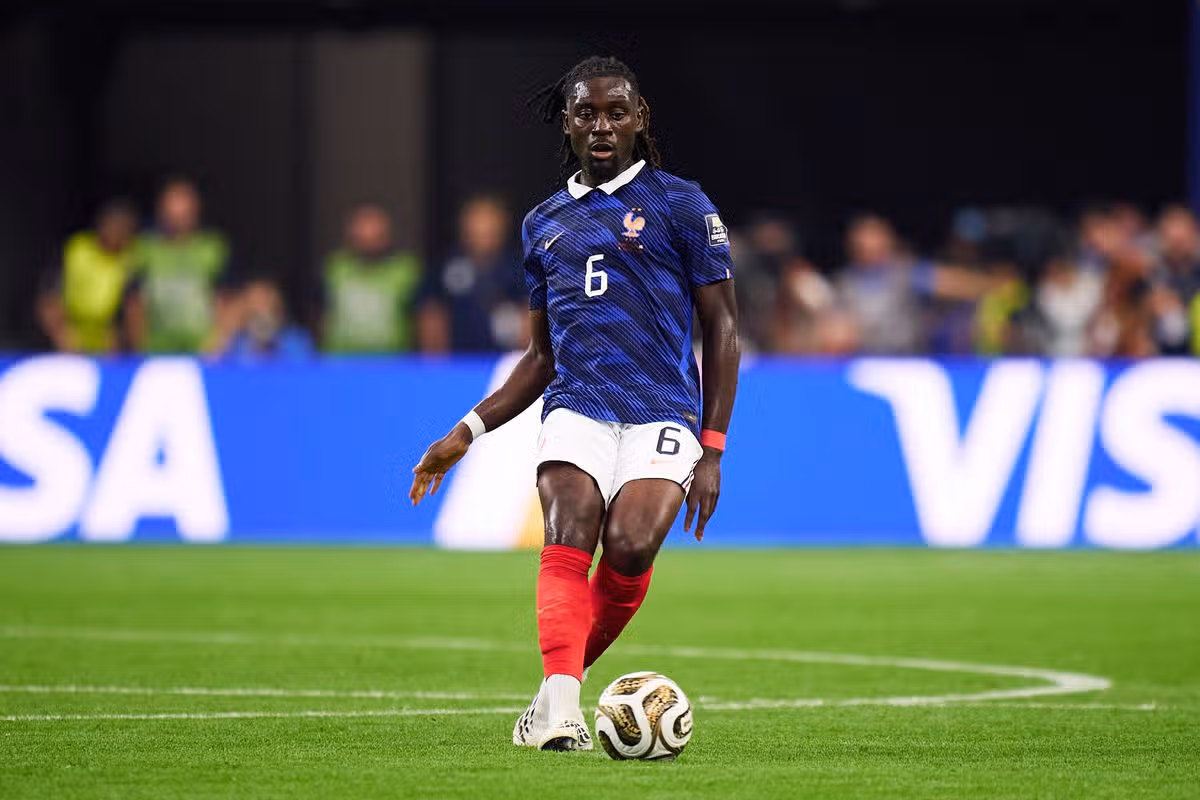 ARLINGTON, TEXAS - JULY 14: Kouadio Kone of France passes the ball during the FIFA World Cup 2026 Semi Final match between France and Spain at Dallas Stadium on July 14, 2026 in Arlington, Texas. (Photo by Juan Luis Diaz/Quality Sport Images/Getty Images)