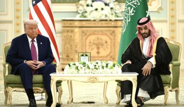U.S. President Donald Trump and Saudi Crown Prince Mohammed bin Salman look on during a bilateral meeting in Riyadh, May 13, 2025. Trump on Thursday said the fate of the U.S. nuclear deal with Saudi Arabia will depend on the kingdom recognizing Israel, throwing the agreement into turmoil just one day after it was signed. Riyadh has long resisted joining the so-called Abraham Accords with Israel, insisting especially after the outbreak of the Gaza conflict. Yonhap