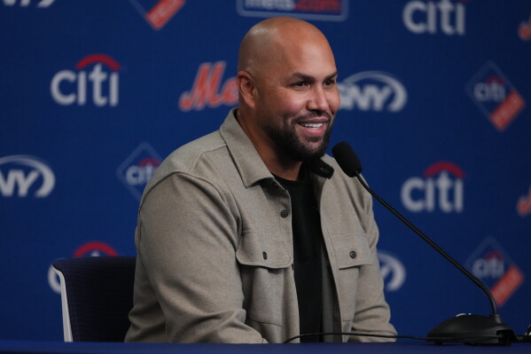 Carlos Beltran speaks during a news conference before a baseball game between the New York Mets and the Arizona Diamondbacks Tuesday, April 7, 2026, in New York. (AP Photo/Frank Franklin II, File)