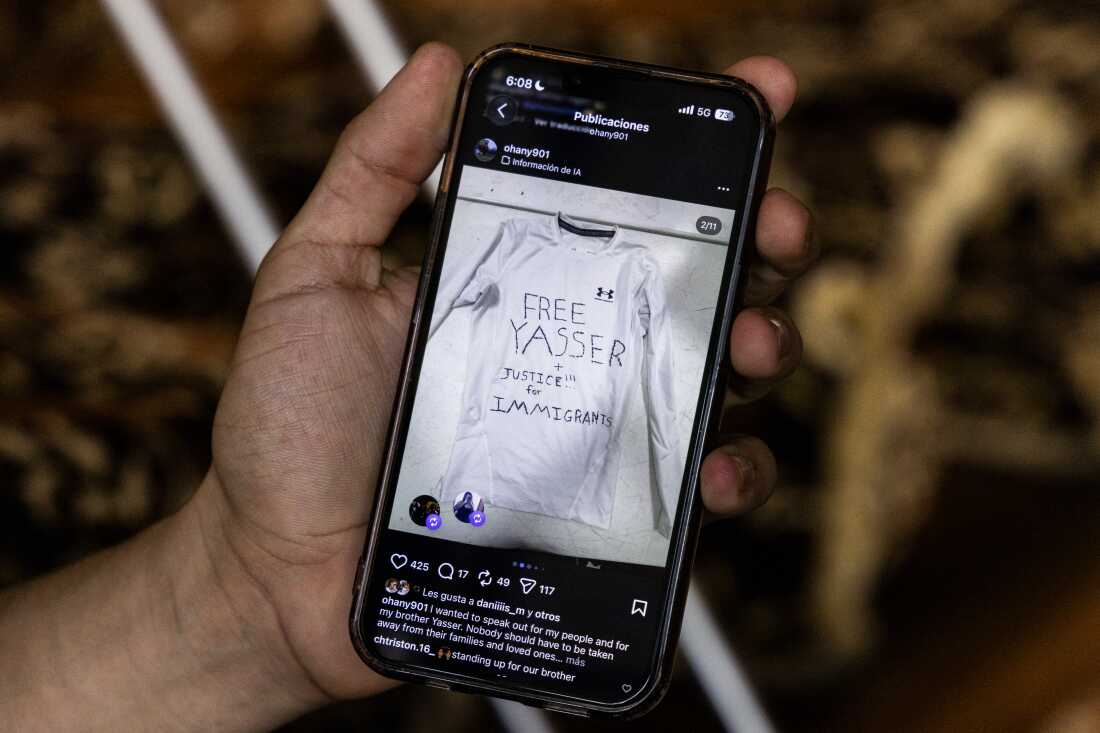 Yasser Jose Lopez Soza, a junior this past year at Memphis Business Academy, shows off a jersey that a friend made protesting his detention. Yasser Jose Lopez Soza was detained by U.S. Immigration and Customs Enforcement for 63 days at the West Tennessee Detention Facility in Mason, Tennessee.