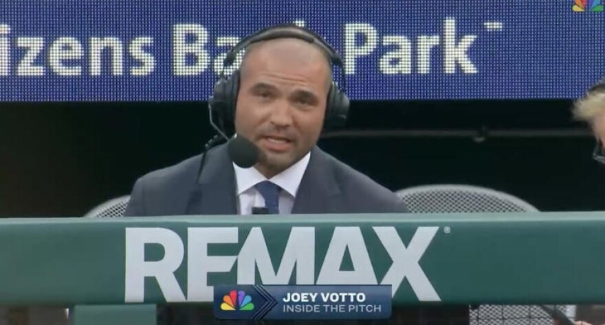 Joey Votto did his "Inside the Pitch" commentary from the dugout camera well.