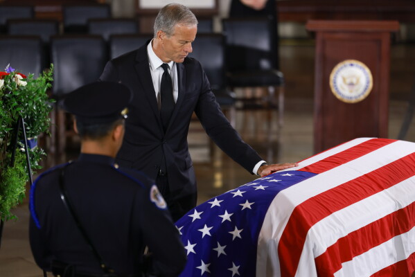 Senate Majority Leader John Thune, R-S.D., attends a congressional tribute to late Sen. Lindsey Graham, R-S.C., in the Rotunda of the U.S. Capitol, Tuesday, July 28, 2026, in Washington. (Tierney L. Cross/Pool via AP)