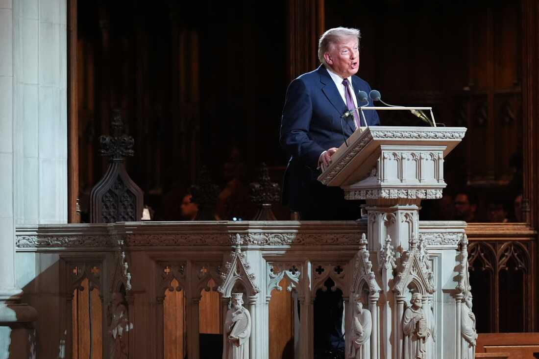 President Trump delivers remarks during the funeral service for the late U.S. Sen. Lindsey Graham at the Washington National Cathedral on July 28, 2026 in Washington, DC. Graham, who was elected to the Senate in 2002, died suddenly on July 11th from an aortic dissection. He was 71 years old. (Photo by Alex Brandon-Pool/Getty Images)