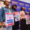 Healthcare workers rally at a Manhattan union headquarters to show support for the Haitian and Syrian communities after the U.S. Supreme Court ruled that the Trump administration could end temporary protected status for potentially millions of foreign nationals from countries experiencing conflict and violence. The decision means that over 330,000 Haitians and Syrians could lose their work authorizations and ability to remain in the country.