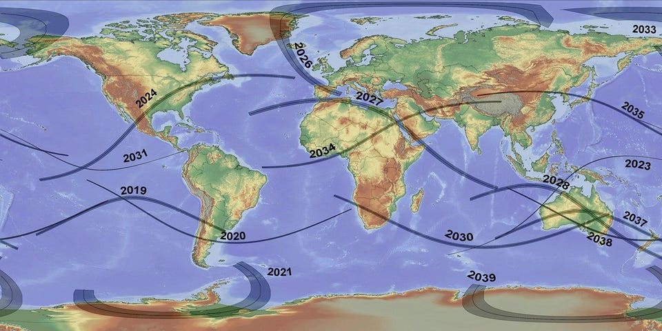 This map of the world shows the paths of all total solar eclipses during the period 2019–2040. 