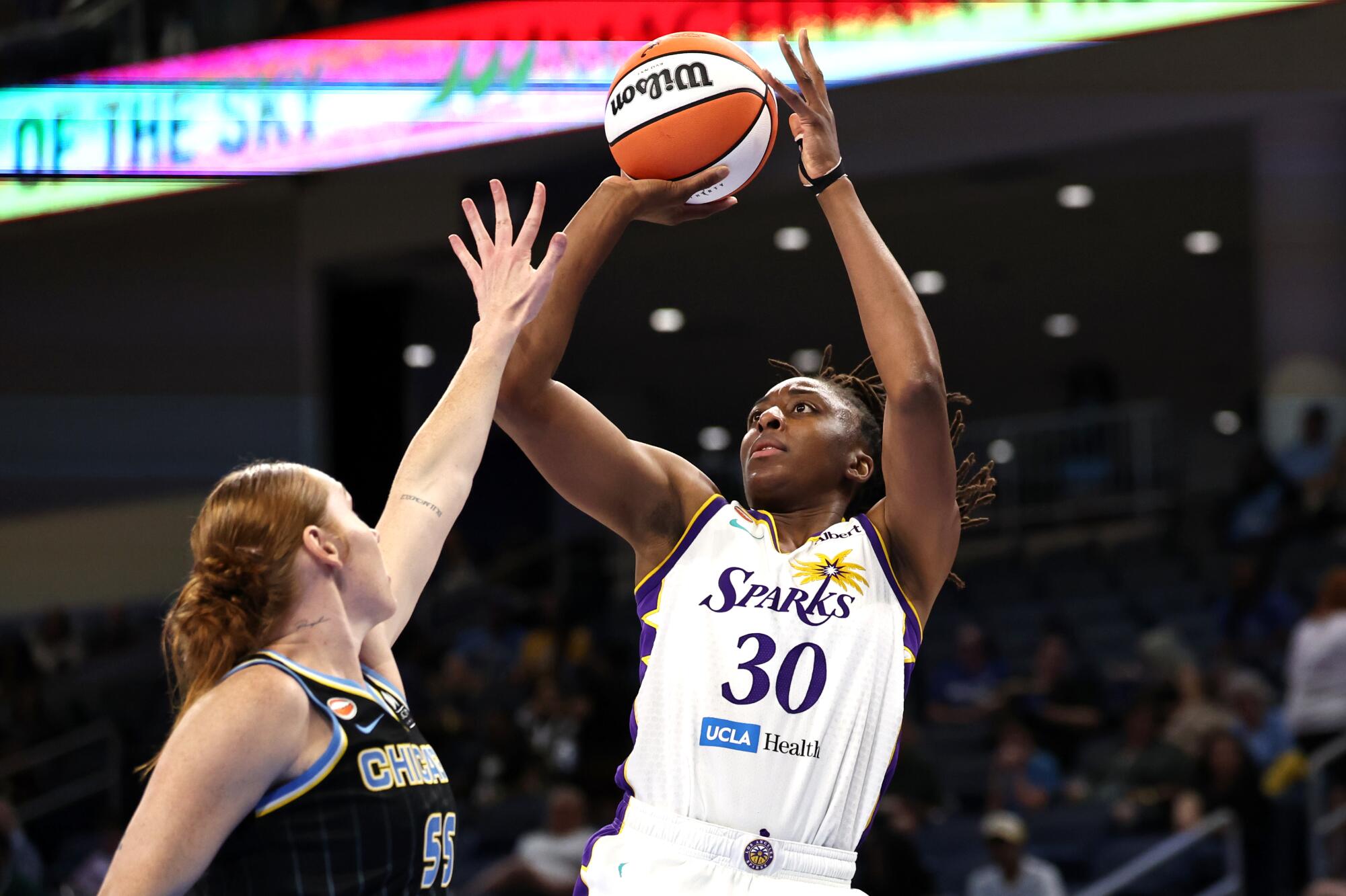 CHICAGO, ILLINOIS - JULY 17: Nneka Ogwumike #30 of the Los Angeles Sparks shoots.