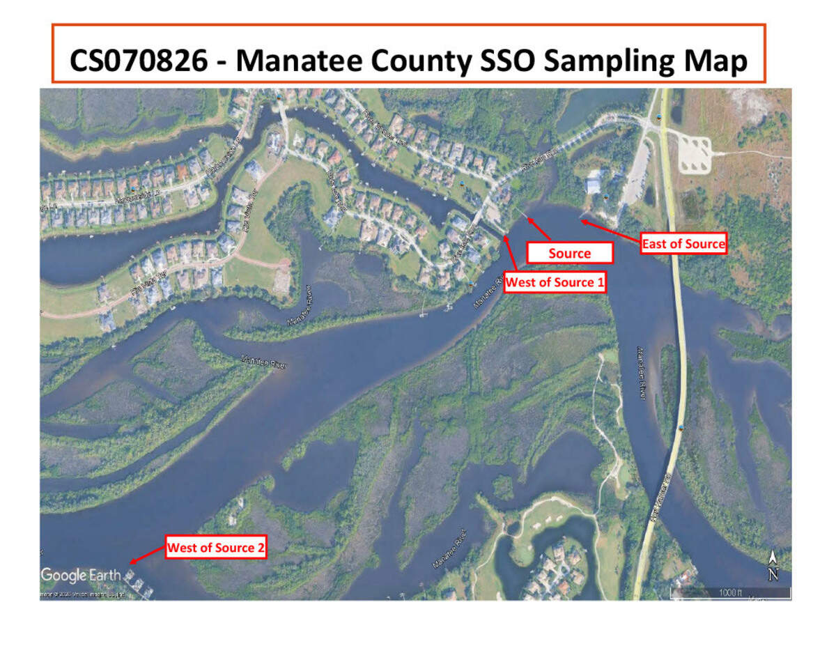 A map provided by Manatee County Government shows the source of a sewage spill in The Islands on the Manatee River development and locations where staff tested water quality afterward, according to the county.