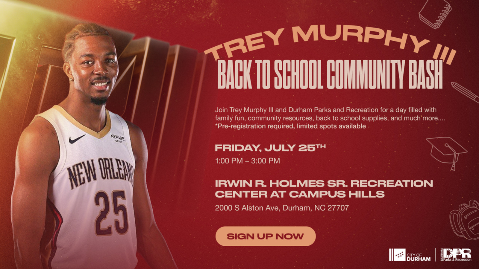 Durham Parks and Recreation | NBA Forward Trey Murphy III teams up with Durham for back-to-school giveaway