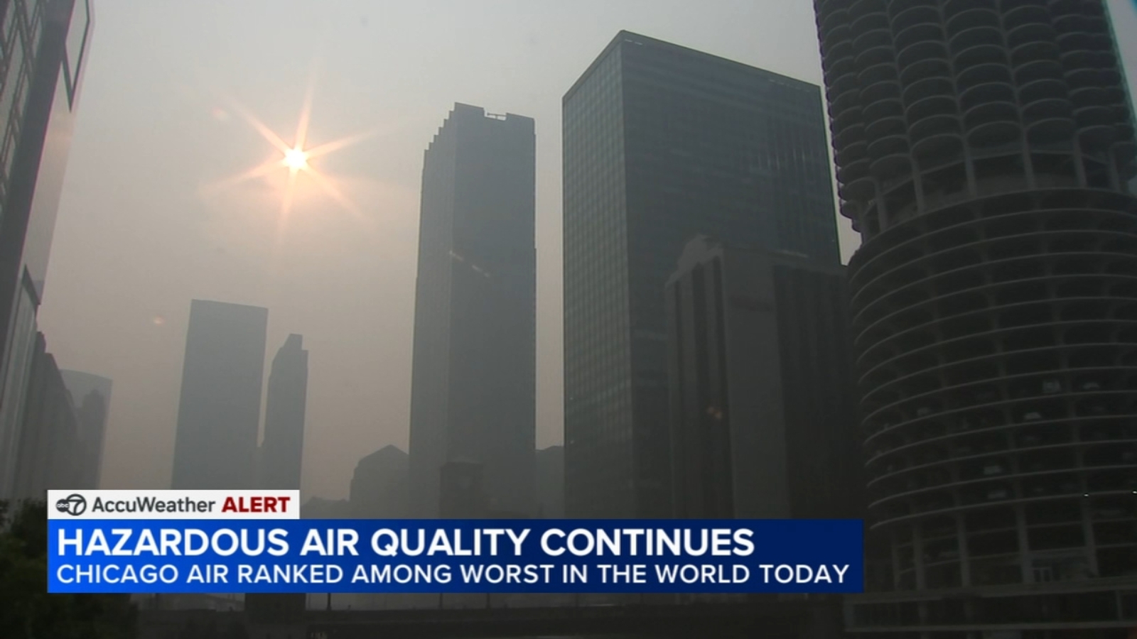 Chicago Air Quality Alert in effect with index at hazardous levels from Canadian wildfire smoke