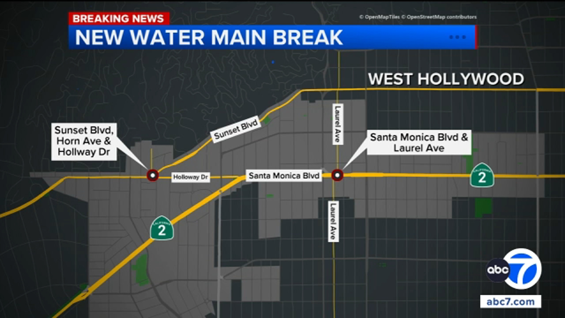 Another water main break flooding West Hollywood street, one week after massive pipe burst