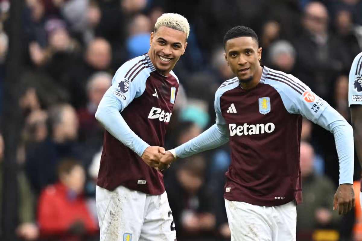 Morgan Rogers and Ezri Konsa celebrating a goal
