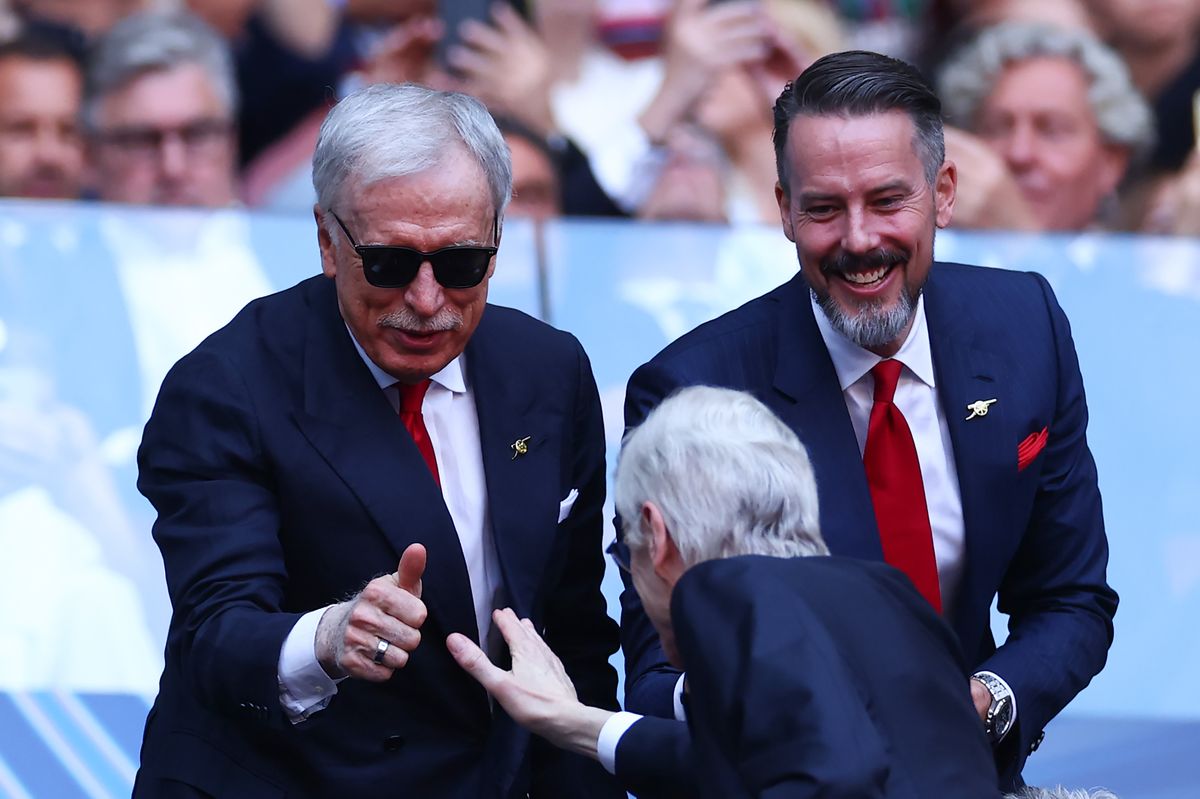 Arsenal owners Josh Kroenke and Stan Kroenke react to Arsene Wenger during the UEFA Champions League Final 2026 match between Paris Saint-Germain and Arsenal FC at Puskas Arena on May 30, 2026 in Budapest, Hungary.