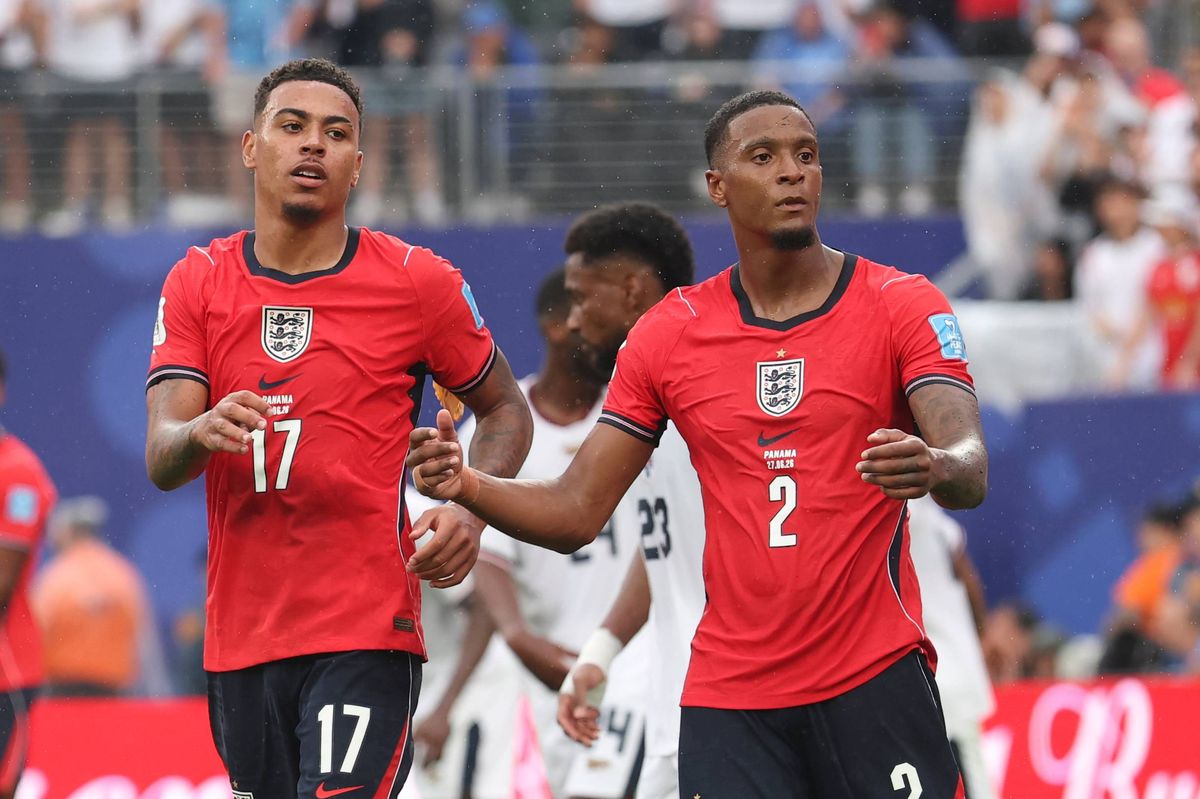 Morgan Rogers and Ezri Konsa during the FIFA World Cup 2026 Group L match between Panama and England.