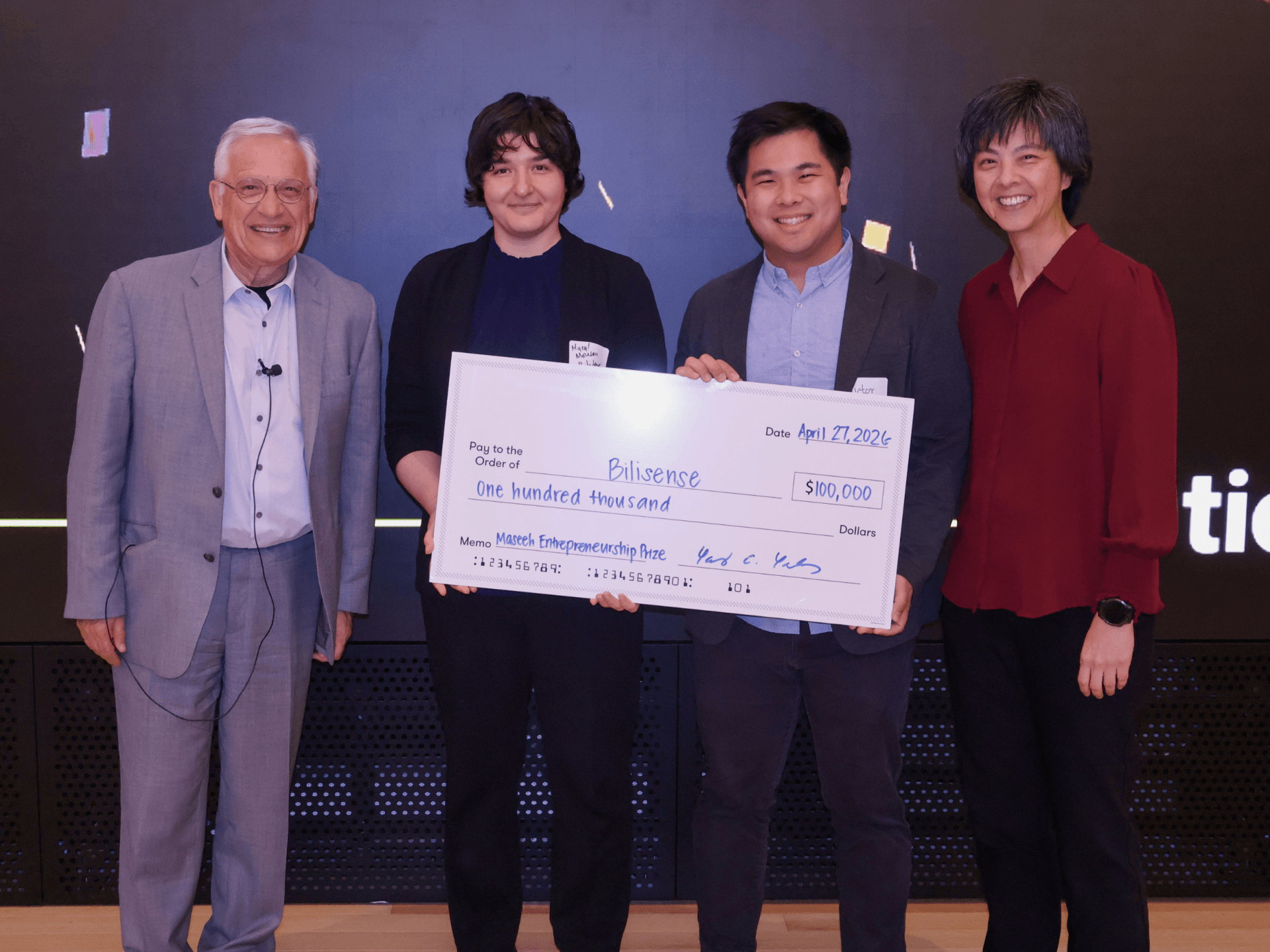 Bilisense, winner of the Maseeh Entrepreneurship Prize Competition, with USC Viterbi Vice Dean Ellis Meng and Dean Yannis C. Yortsos.