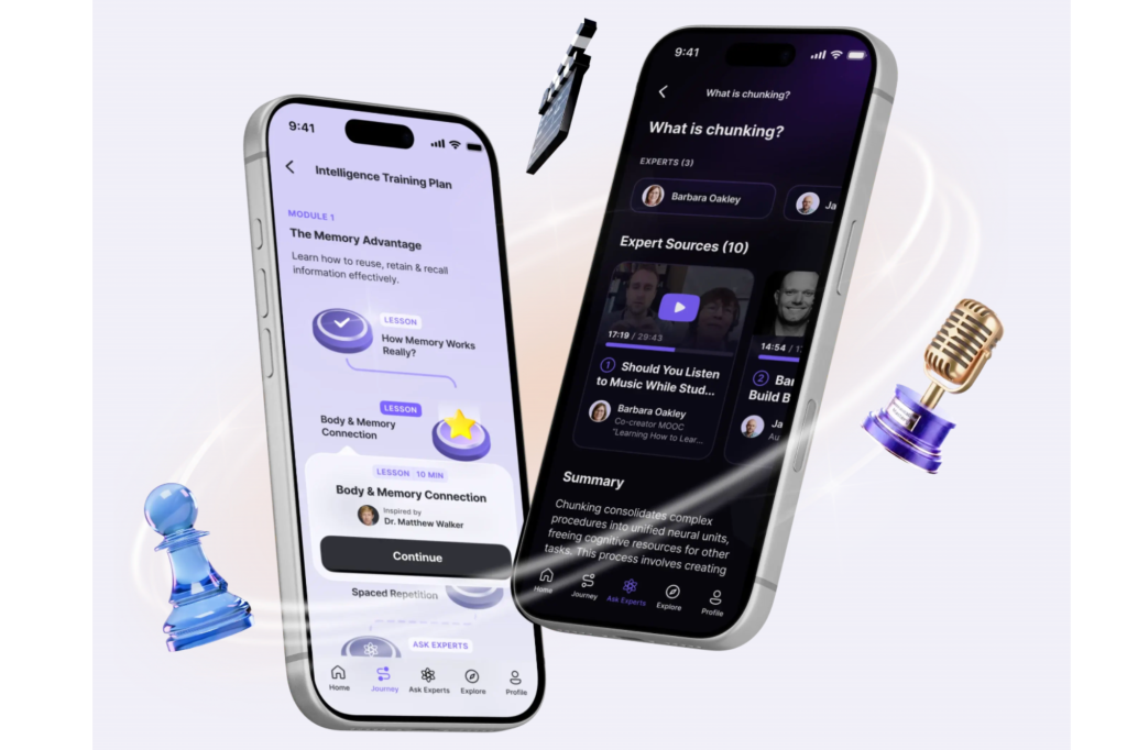 Illustration of two smartphone screens displaying educational content and app interfaces related to learning and memory.