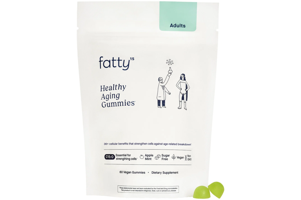 Illustration of fatty15 Healthy Aging Gummies pouch for adults.