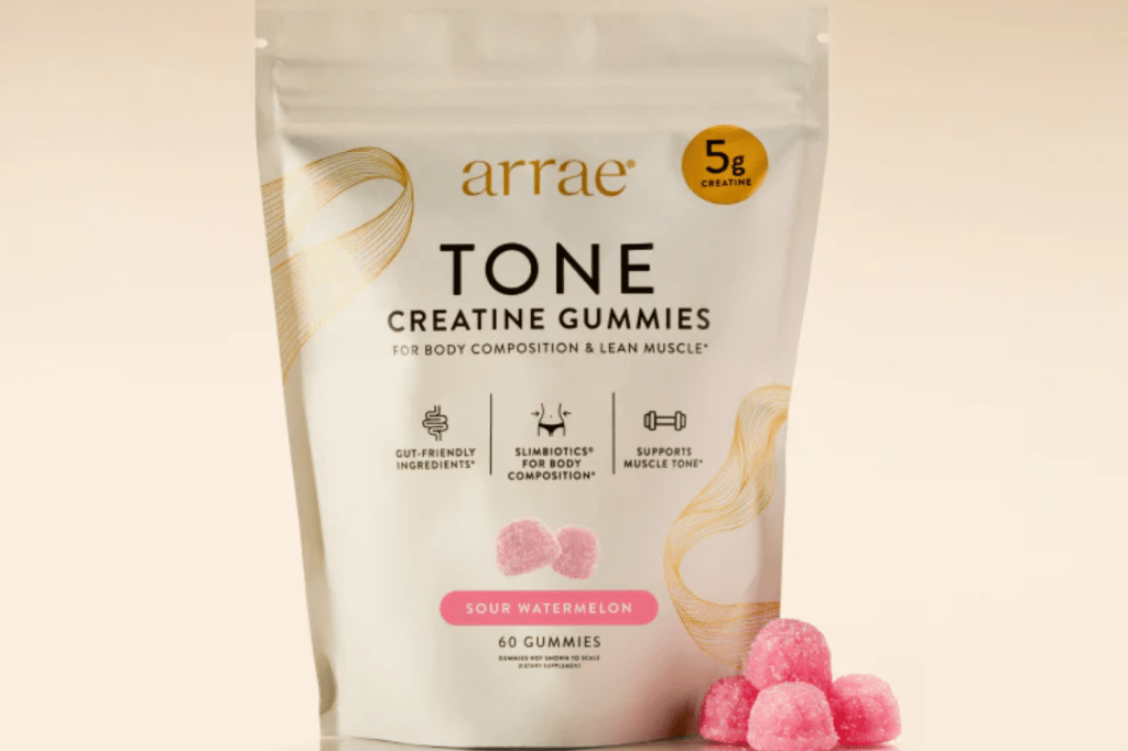 Arrae Tone Creatine Gummies, sour watermelon flavored, for body composition and lean muscle.