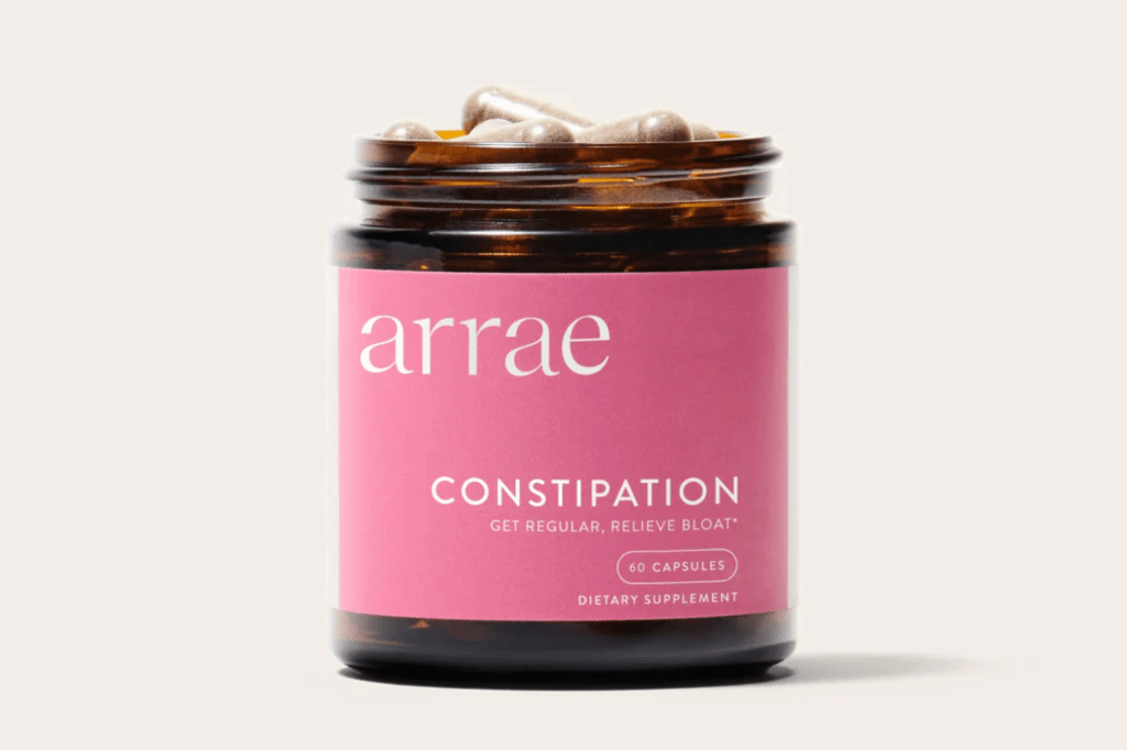 Arrae Constipation dietary supplement in a brown bottle with a pink label.