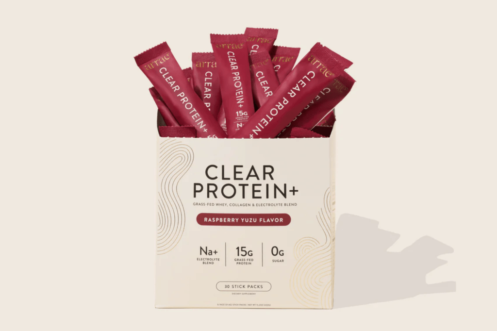 Box of Arrae Clear Protein+ Raspberry Yuzu Flavor stick packs.