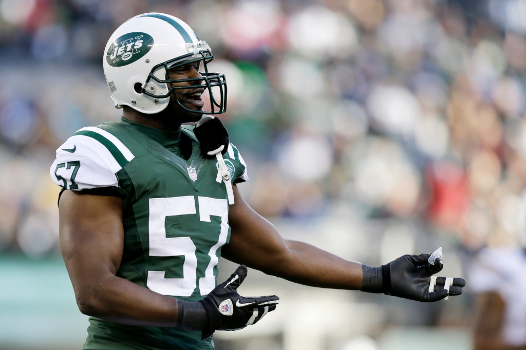 New York Jets linebacker Bart Scott gestures during a game.