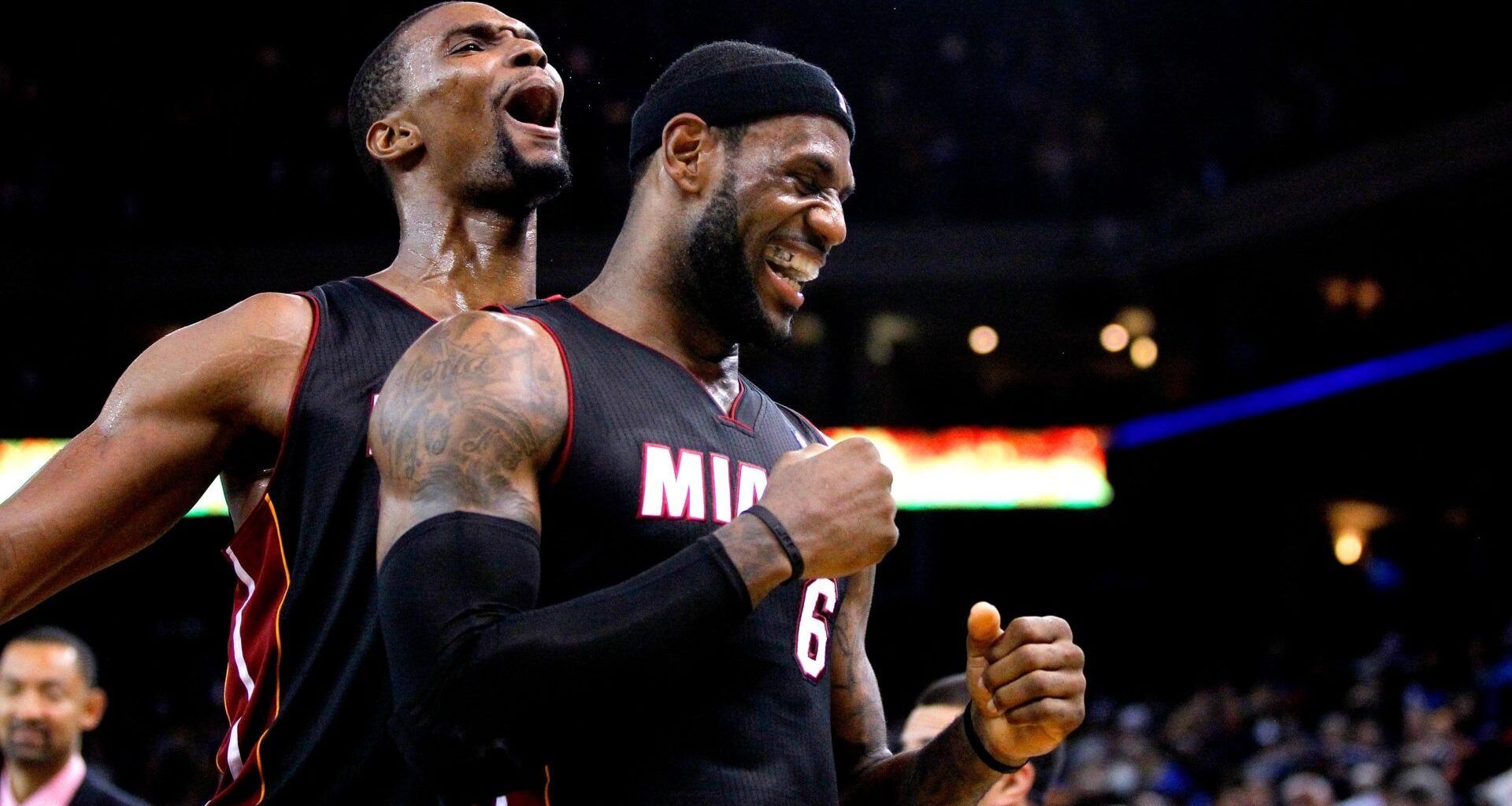 Feb 12, 2014; Oakland, CA, USA; Miami Heat forward LeBron James (6) is congratulated by Miami Heat center Chris Bosh (1) after the Heat defeated the Golden State Warriors 111-110 at Oracle Arena. Mandatory Credit: Cary Edmondson-USA TODAY Sports