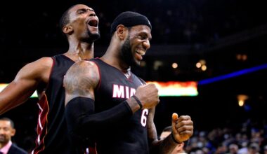 Feb 12, 2014; Oakland, CA, USA; Miami Heat forward LeBron James (6) is congratulated by Miami Heat center Chris Bosh (1) after the Heat defeated the Golden State Warriors 111-110 at Oracle Arena. Mandatory Credit: Cary Edmondson-USA TODAY Sports