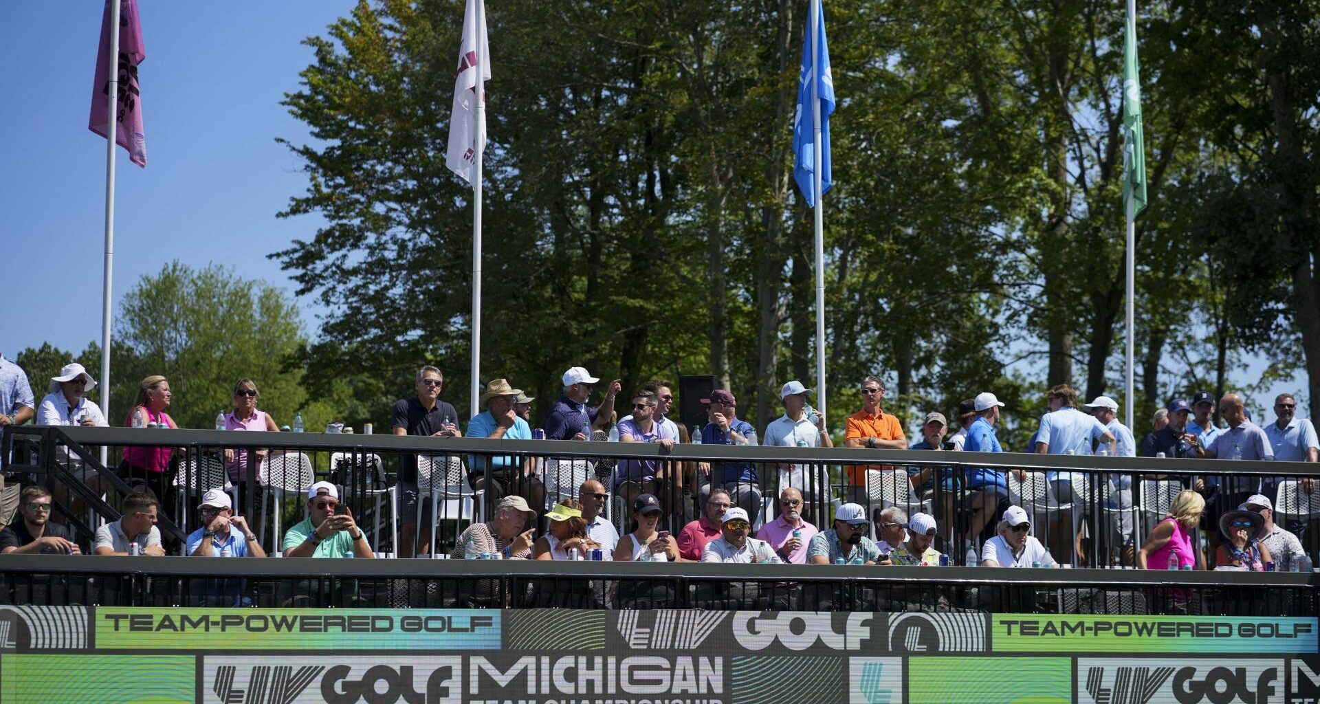 Aug 22, 2025; Detroit, Michigan, USA; Fans gather at the 15th tee during the quarterfinals of the LIV Golf Michigan Team Championship at The Cardinal at Saint John's Resort. Mandatory Credit: Aaron Doster-Imagn Images