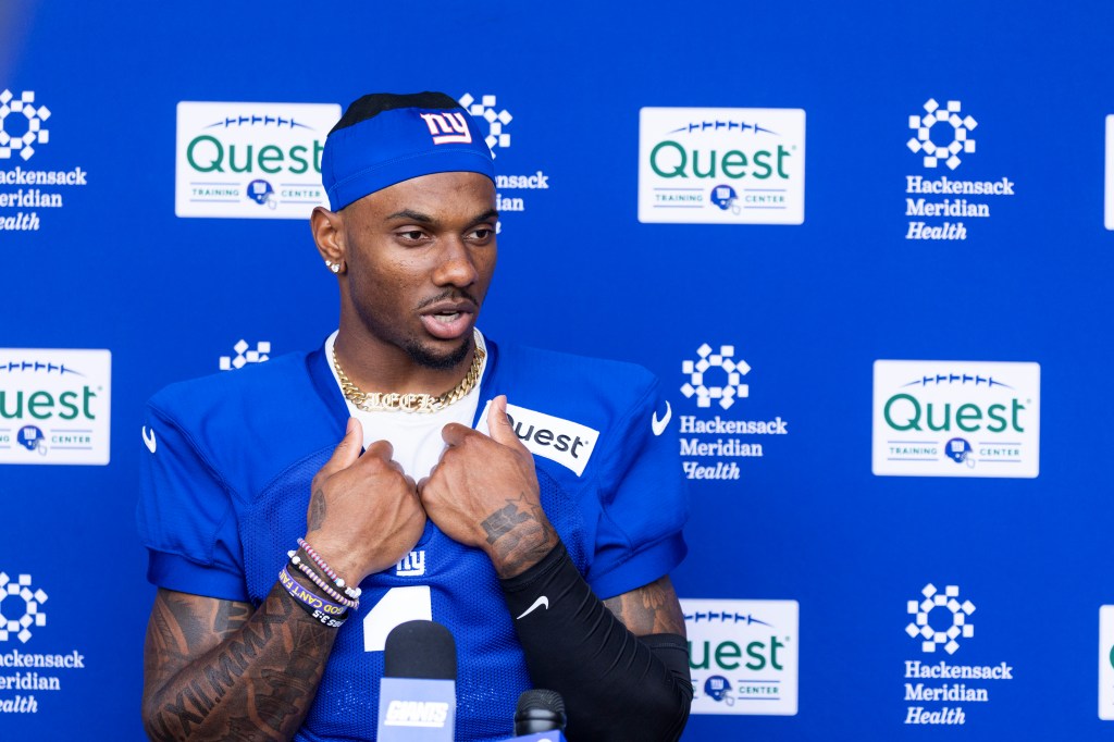 New York Giants wide receiver Malik Nabers (1) speaks to the media after practice at the Quest Diagnostics center, Wednesday, Sept. 17, 2025, in East Rutherford, New Jersey.