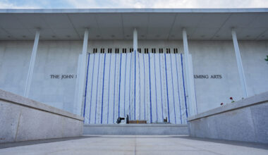 A tarp covers the facade of the John F. Kennedy Memorial Center for the Performing Arts, following a federal judge’s order...