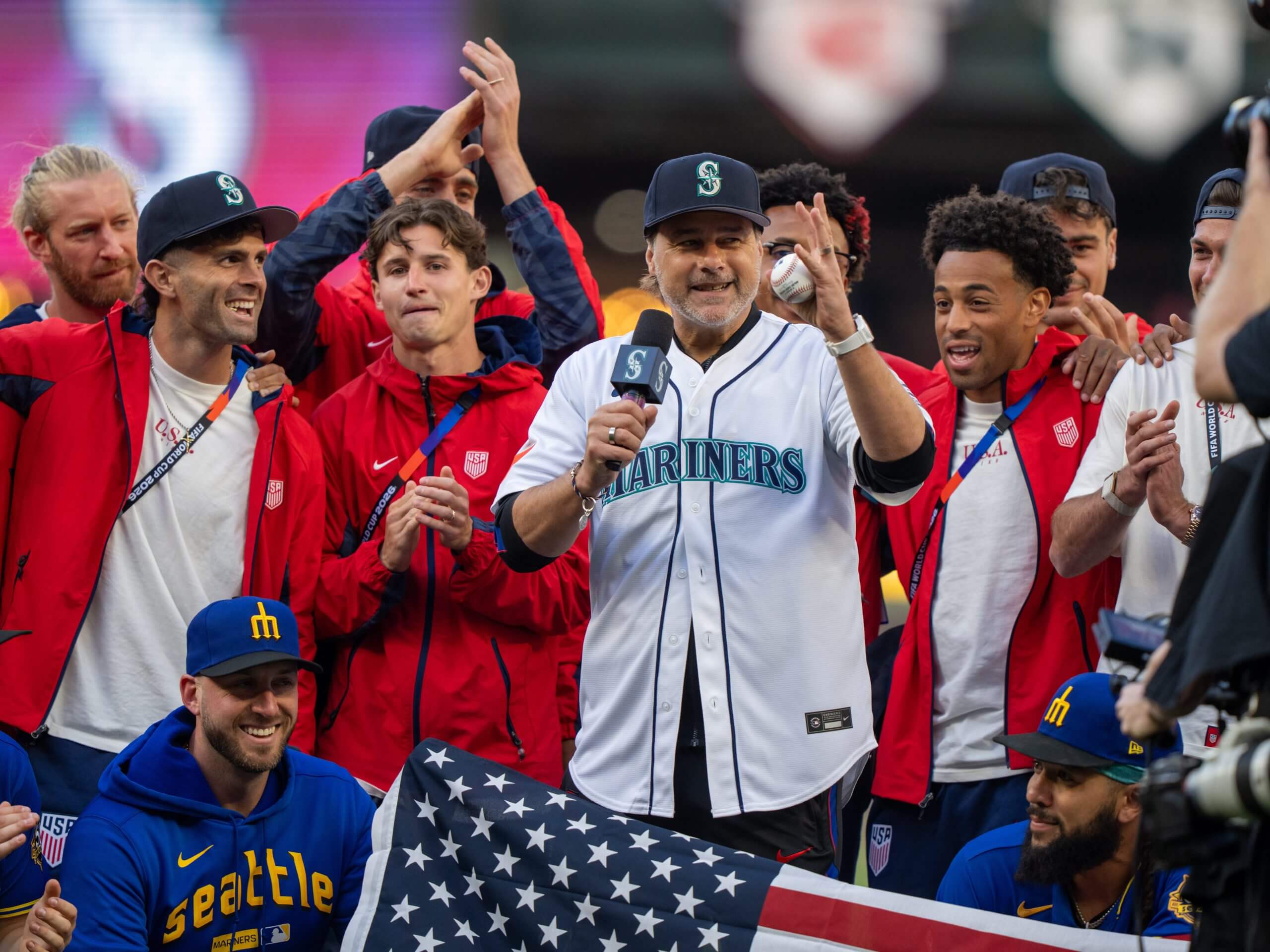Mauricio Pochettino after throwing a first pitch at a Seattle Mariners game