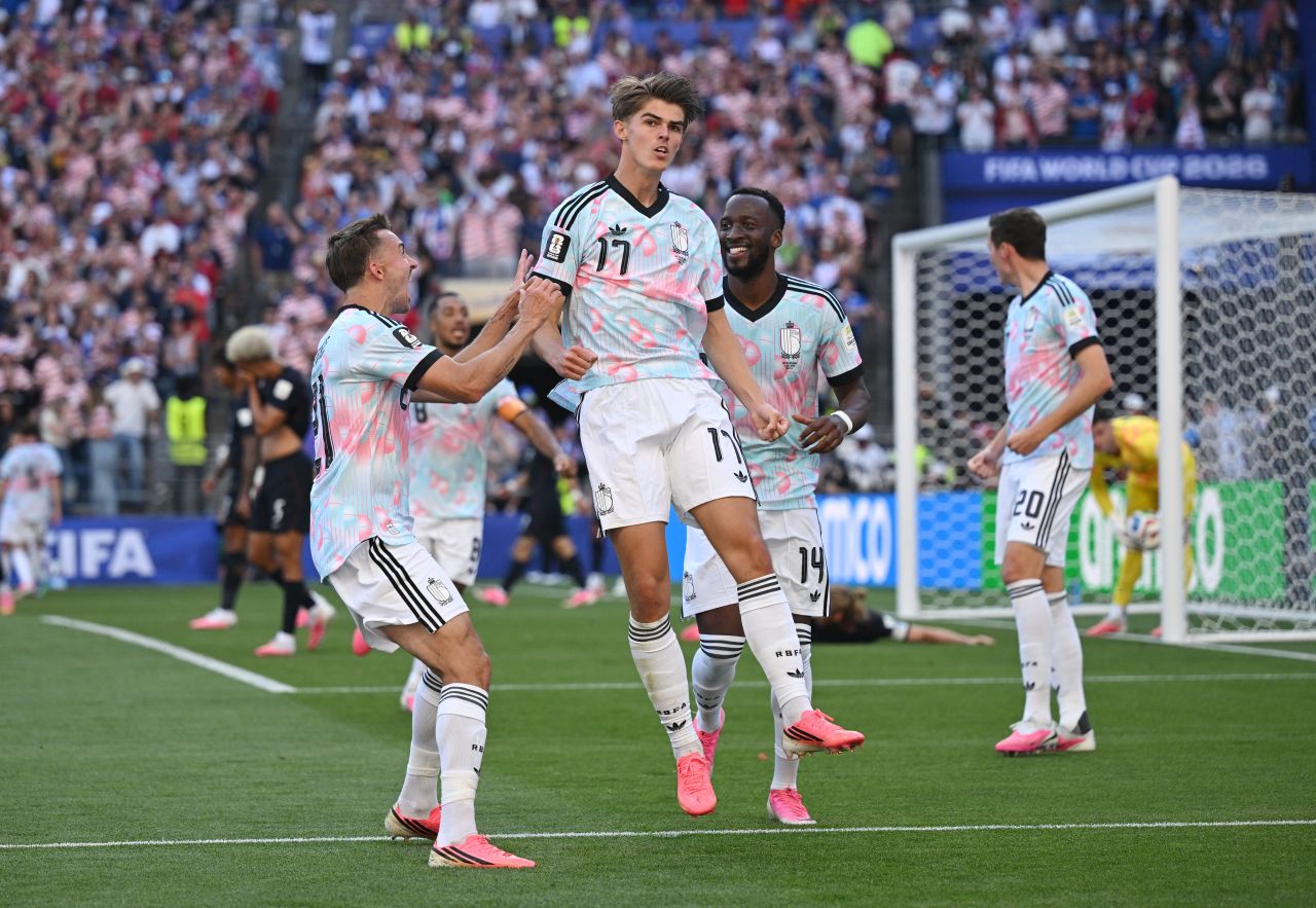 Belgium's Charles De Ketelaere celebrates his second goal of the match.