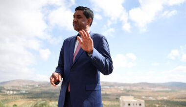 U.S. Representative Ro Khanna (D-CA) is interviewed by Reuters during a visit to Turmus Ayya, near Ramallah