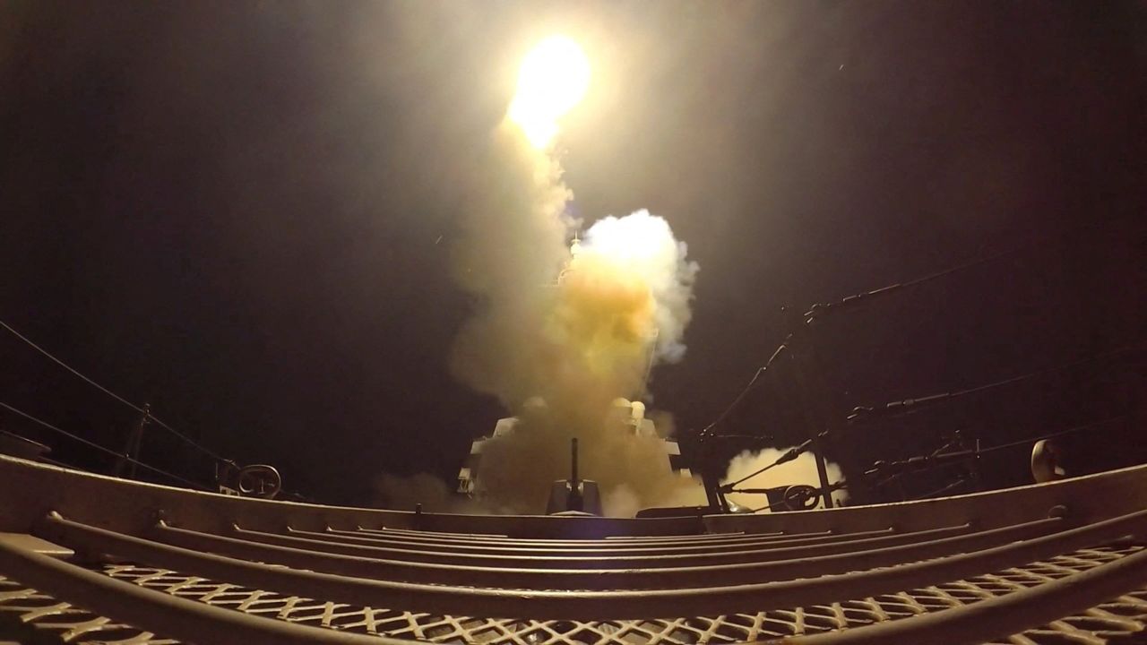 A projectile is fired during what the U.S. Central Command (CENTCOM) said were strikes on Iran, in this screen grab taken from a handout video released on July 12.