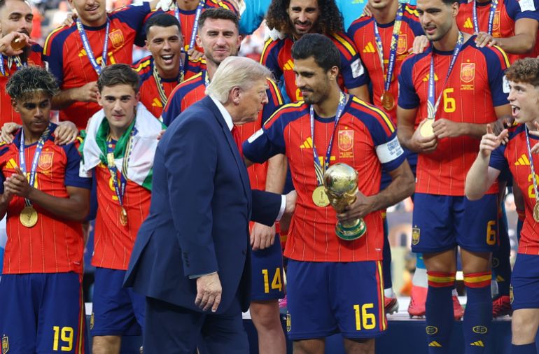 US President Donald Trump is greeted by Spain’s captain Rodri ahead of the World Cup trophy lift