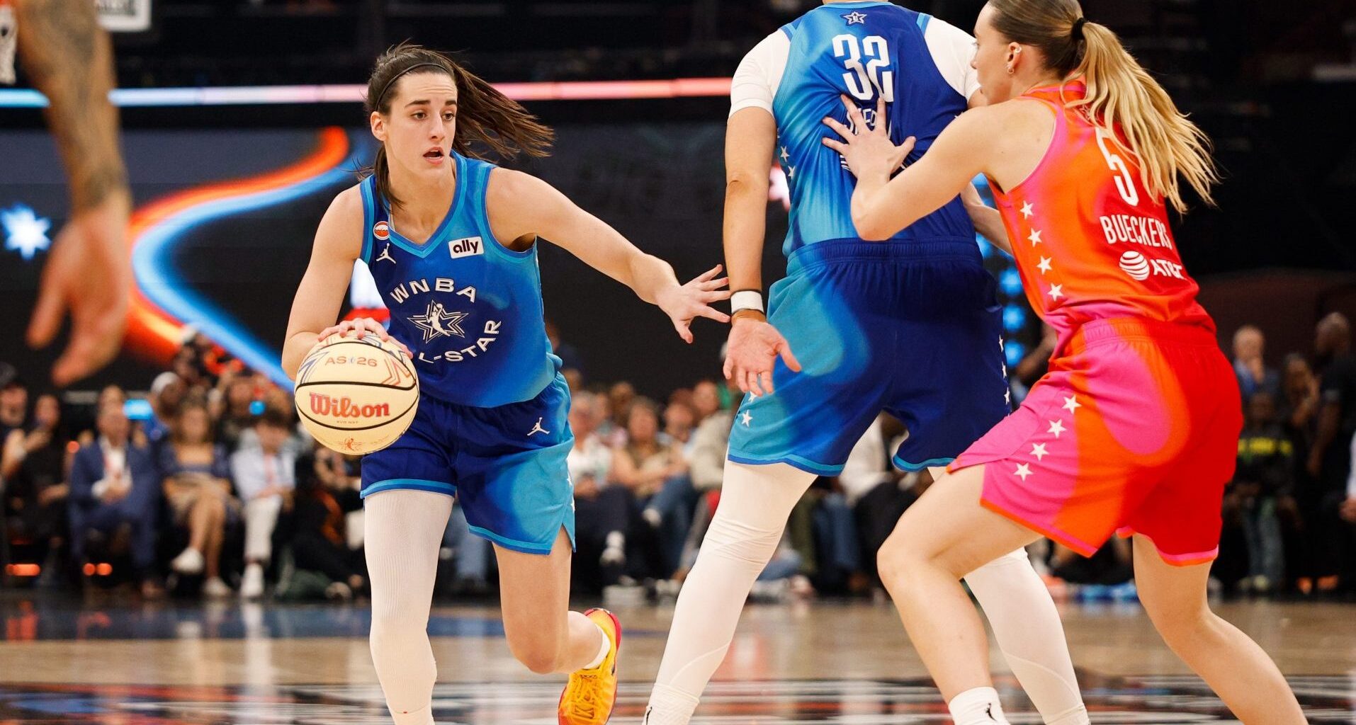 Jul 25, 2026; Chicago, Illinois, USA; Team Spoon guard Caitlin Clark (22) drives the ball in the second half against Team Coop during the 2026 WNBA All Star Game at United Center.