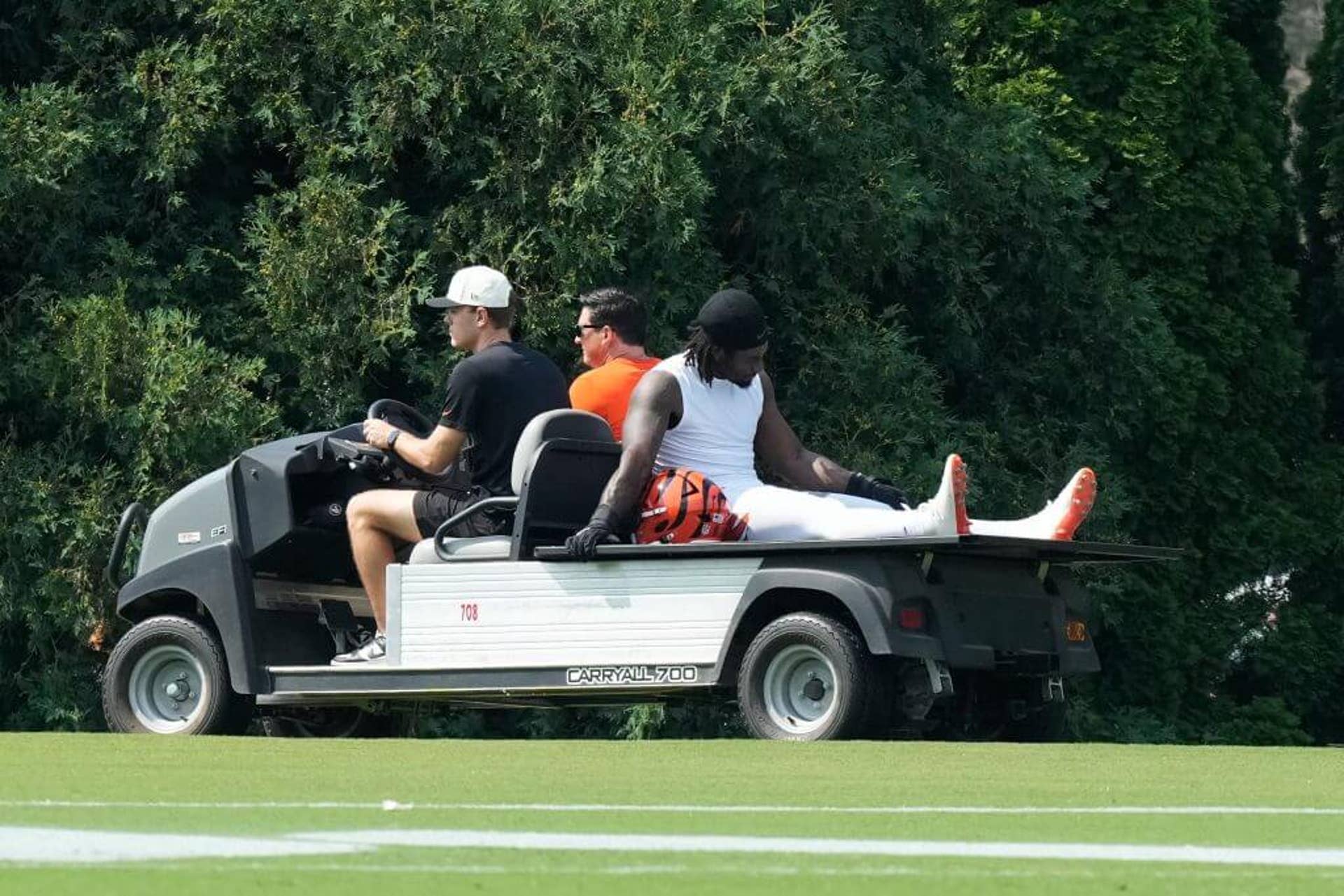 Cincinnati Bengals defensive end Shemar Stewart is carted off the practice field July 29.
