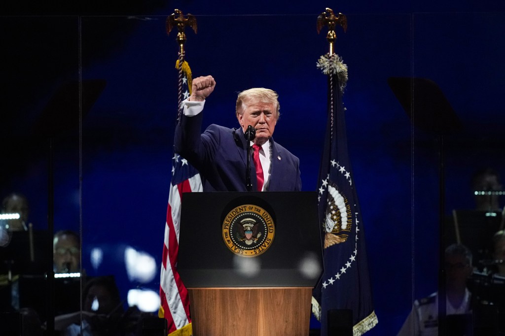 President Donald Trump reacts during his speech at "Salute to America 250" on the National Mall on July 4, 2026.