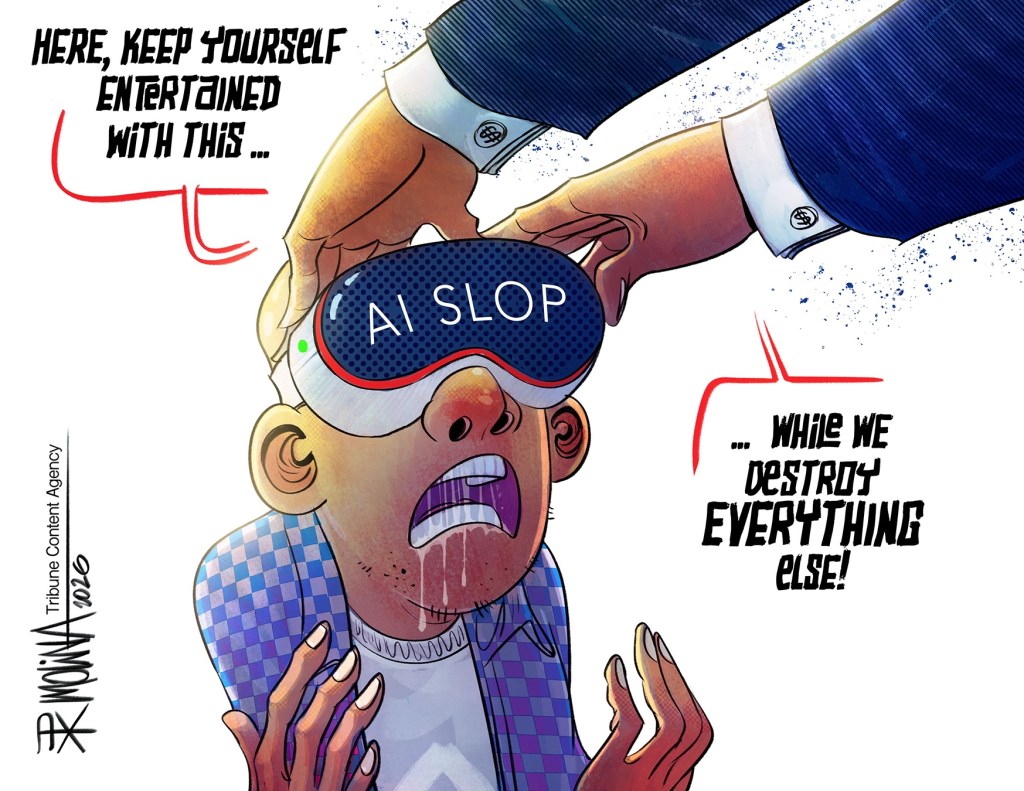 A cartoon by Pedro Molina showing someone placing AI goggles on a child.