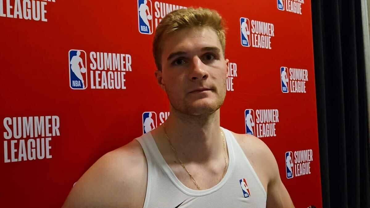 Liam McNeeley speaks to the media following the Charlotte Hornets’ win over the Orlando Magic in NBA Las Vegas Summer League action at Cox Pavilion.