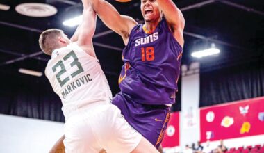 Suns forward Koa Peat (18) dunks over Milwaukee Bucks forward Bogoljub Markovic during an NBA Summer League game on Monday in Las Vegas.